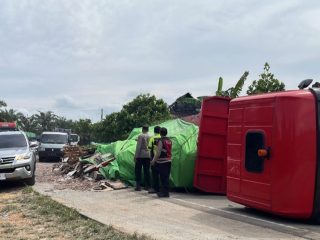 Truk Trailer Bermuatan Keramik Terguling di Lintas Timur Jambi, Picu Kemacetan Panjang di Tungkal Ulu